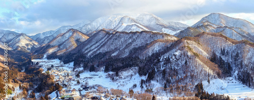 beautiful panoramic view in winter from Yamadera mountain in Yamagata Japan