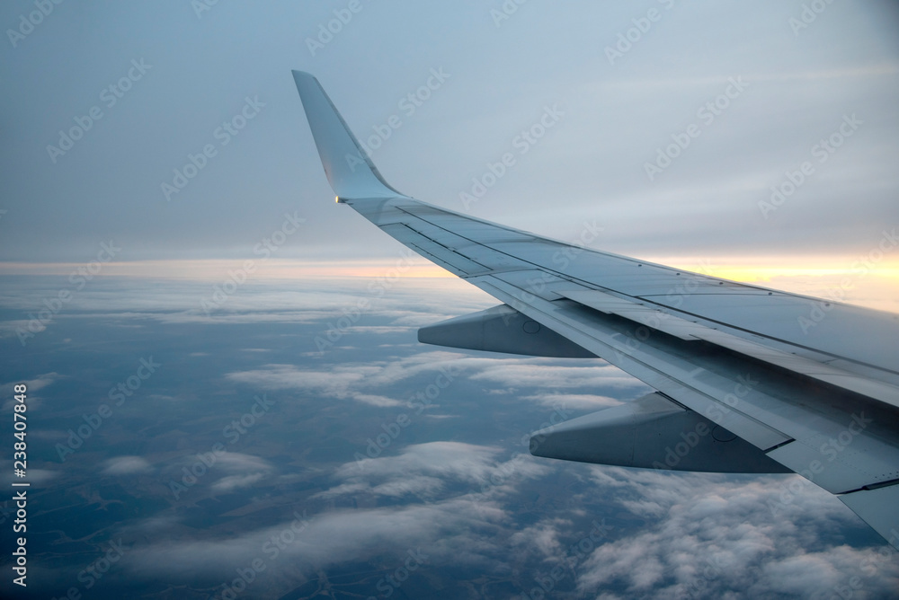 Obraz premium Airplane wing on the background of clouds and blue sky