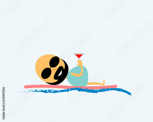 A man swims on an inflatable mattress with a glass in his hand. Vector illustration.