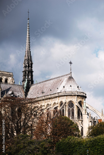 Garden on the back side of Notre Dame Cathedral in Paris, France