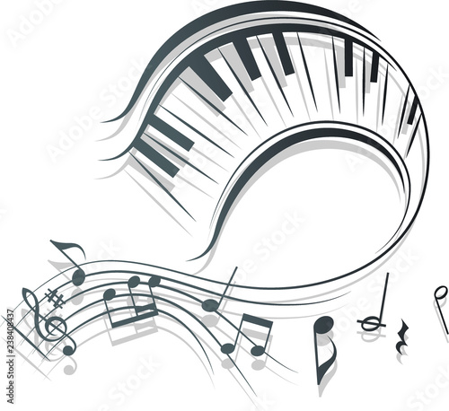 Beautiful swirl stave with piano keys in vector format. Wavy musical scores and notes vector illustration.