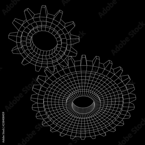 Gears. Mechanical technology machine engineering symbol. Industry development, engine work, business solution concept. Wireframe low poly mesh vector illustration