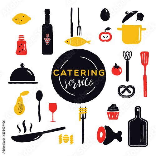Catering service. Design concept.Different cooking utensils and food.