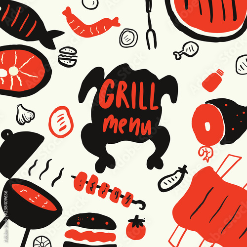 Grill meny. Funny hand drawn elements for grill, barbeque, steak restaurant . Isolated on white background,