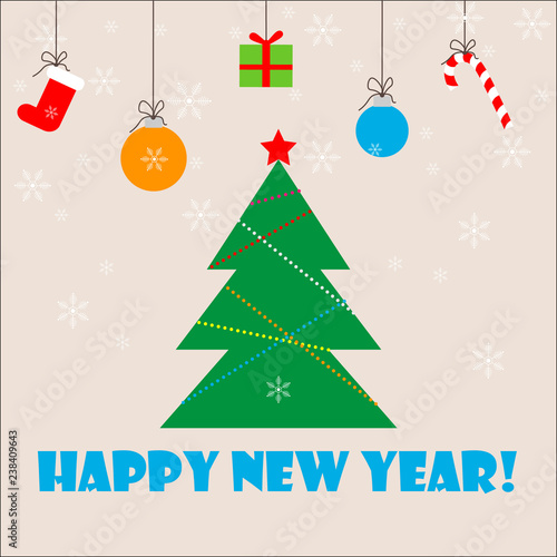 Christmas tree with gift, candy, ball and snowflake. Happy New Year card