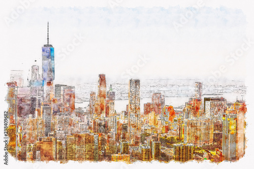 Aerial view of lower Manhattan New York City watercolor painting