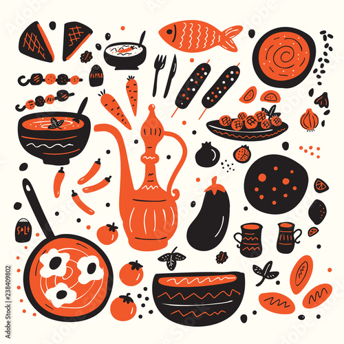 Middle eastern food. Set of hand drawn illustration of different tradishional middle eastern dishes made in doodle style.