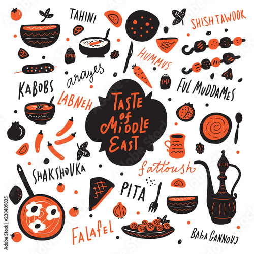 Taste of middle east. Funny hand drawn illustration with different middle eastern food and hand written names of the dishes.