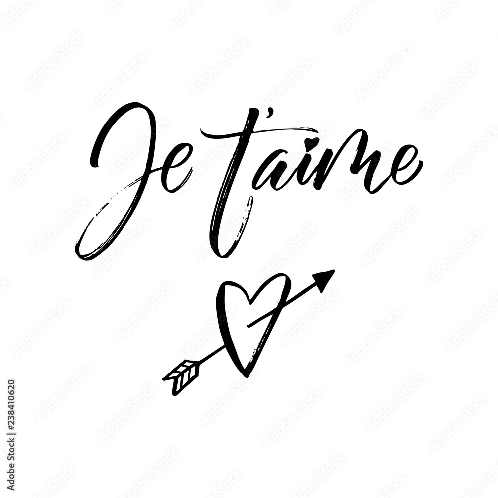 Fototapeta Je t'aime - I love you in french- modern brush calligraphy. Isolated on white background.
