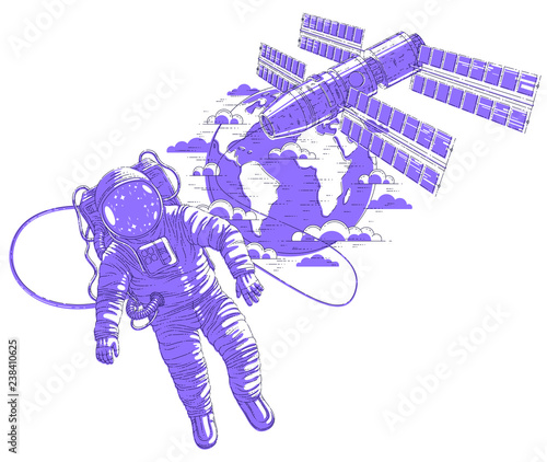 Astronaut went out into open space connected to space station and earth planet in background, spaceman floating in weightlessness and iss spacecraft with solar panels behind him. Vector.