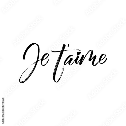 Je t'aime - I love you in french- modern brush calligraphy. Isolated on white background.