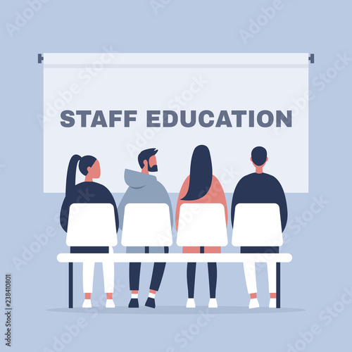 Staff education. Office workshops and seminars. Human resources. Career. Modern workers. Flat editable vector illustration, clip art