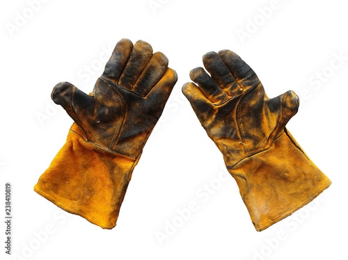 dirty leather glove after work hard on white background