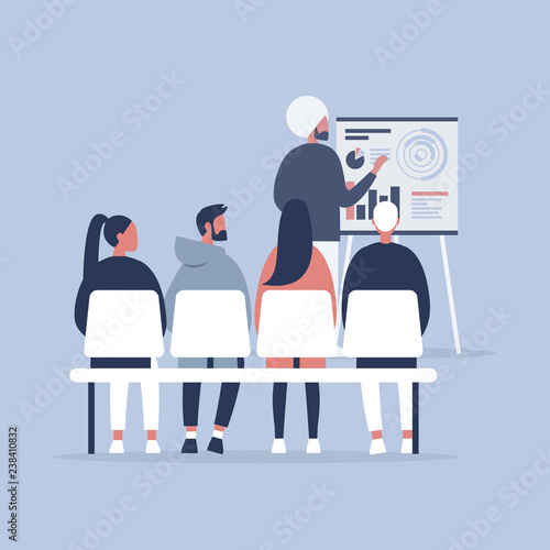 Staff education. Office workshops and seminars. Human resources. Career. Modern workers. Flat editable vector illustration, clip art
