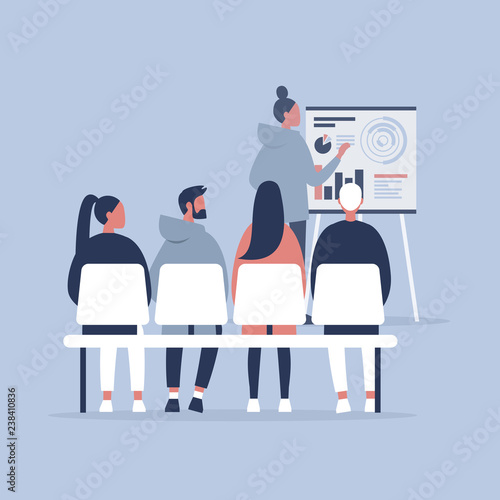 Staff education. Office workshops and seminars. Human resources. Career. Modern workers. Flat editable vector illustration, clip art