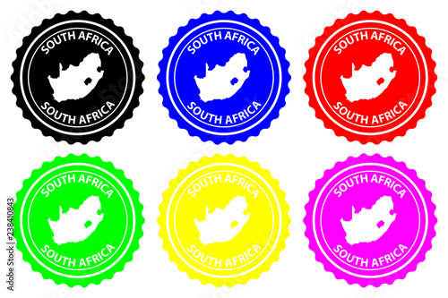 South Africa - rubber stamp - vector, Republic of South Africa (RSA) map pattern - sticker - black, blue, green, yellow, purple and red,