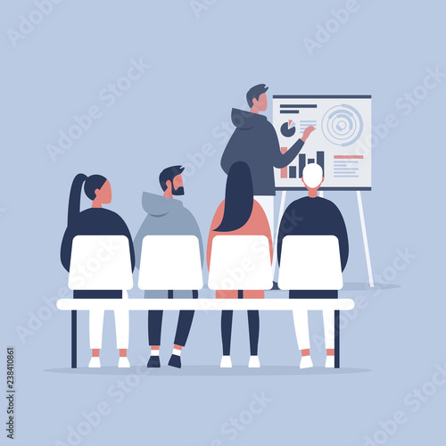 Staff education. Office workshops and seminars. Human resources. Career. Modern workers. Flat editable vector illustration, clip art