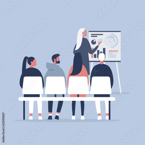 Staff education. Office workshops and seminars. Human resources. Career. Modern workers. Flat editable vector illustration, clip art