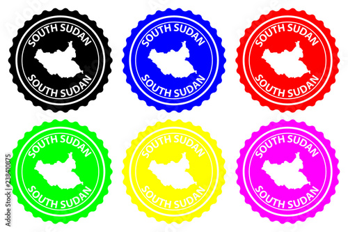 South Sudan - rubber stamp - vector, Republic of South Sudan map pattern - sticker - black, blue, green, yellow, purple and red
