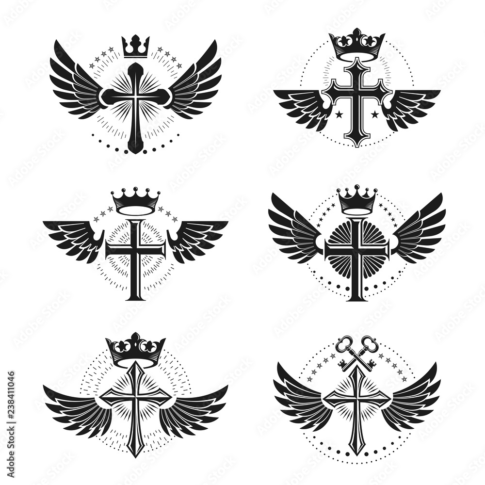 Fototapeta premium Crosses Religious emblems set. Heraldic Coat of Arms, vintage vector logos collection.