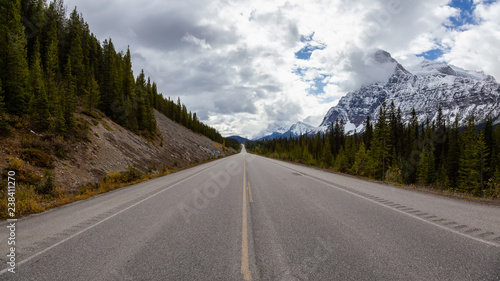 Fototapeta Naklejka Na Ścianę i Meble -  Beautiful panoramic view of a scenic road in the Canadian Rockies during Fall Season. Taken in Icefields Pkwy, Banff, Alberta, Canada.