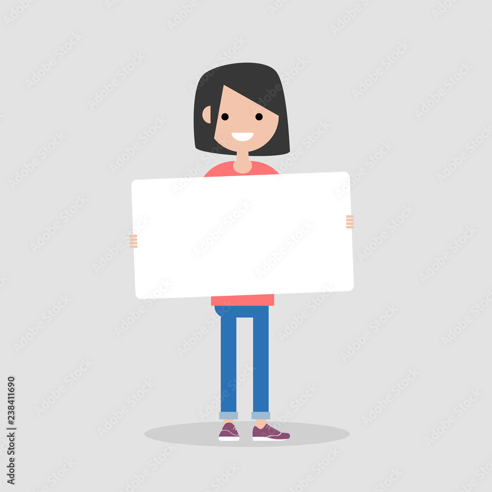 Young cartoon female character holding a sheet of white paper. Copy space. Flat vector illustration Young cartoon female character holding a sheet of white paper. Copy space. Flat vector illustration