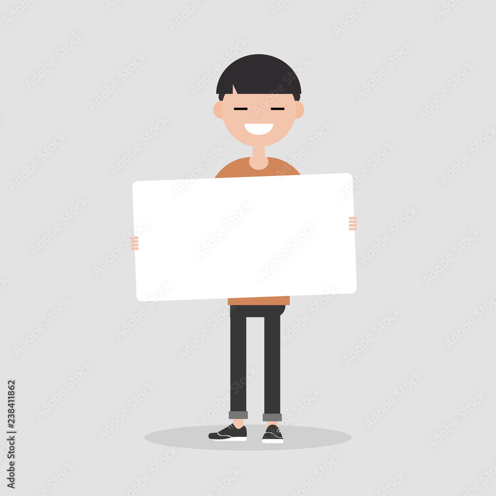 Young cartoon male character holding a sheet of white paper. Copy space. Flat vector illustration Young cartoon male character holding a sheet of white paper. Copy space. Flat vector illustration
