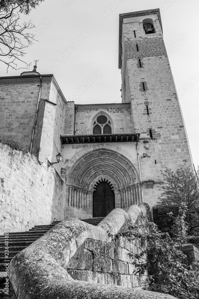 Church of San Pedro de la Rua, Saint Peter's Church in Estella or Lizzara, Navarre Spain, exterior view from below, black and white photography