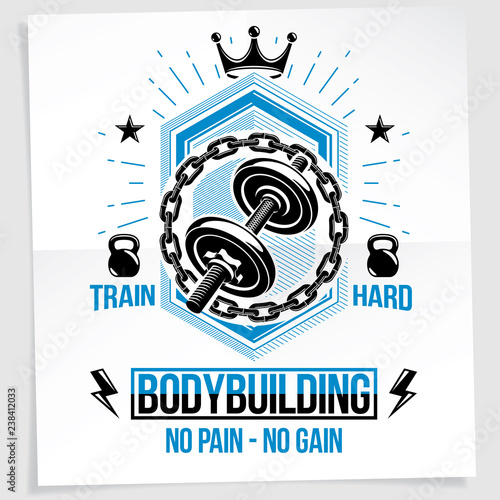 Weightlifting club vector promotion flyer composed using disc weight dumb-bell and kettle bell sport equipment. No pain no gain writing.
