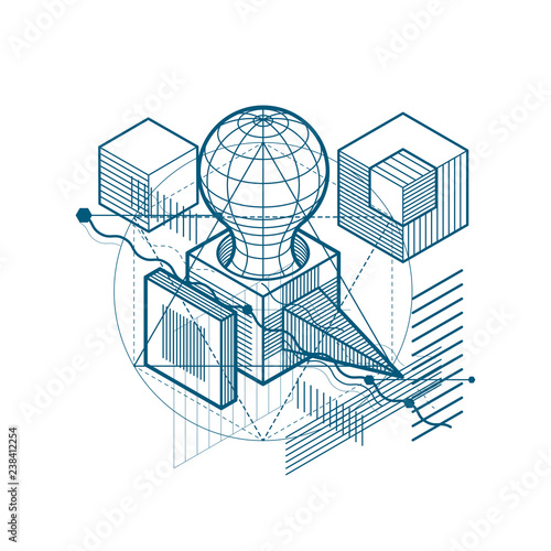 Isometric linear abstract vector background, lined abstraction. Cubes, hexagons, squares, rectangles and different abstract elements. photo