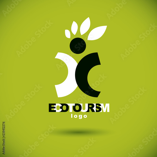 Vector illustration of excited abstract  man with raised reaching up. Ecotourism conceptual logo. Green tourism symbol. Wanderlust and countryside vacation icon.