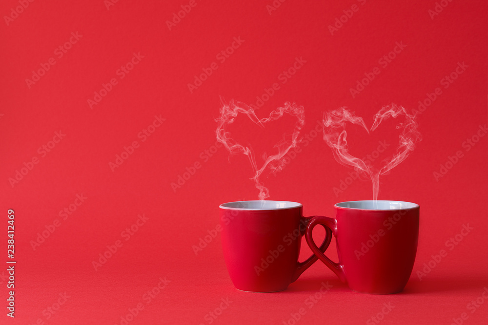 Cups of tea or coffee with steam in two heart shape on red background.  Valentine's day celebration or love concept. Copy space Stock Photo | Adobe  Stock