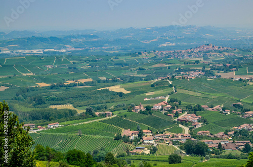 La Morra  province of Cuneo  Piedmont  Italy. July 15  2018. In the Langhe territory  La Morra is a village on top of a hill that gives an enchanting lookout over the typical vineyards of the area.