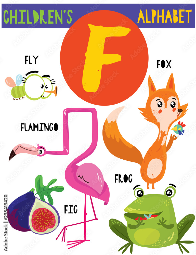 Letter F.Cute children's alphabet with adorable animals and other