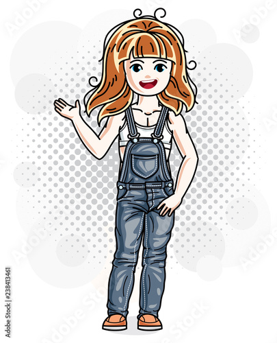 Pretty little red-haired girl in jeans wear. Vector illustration of nice child standing.