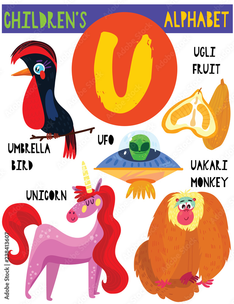 Letter U.Cute children's alphabet with adorable animals and other ...