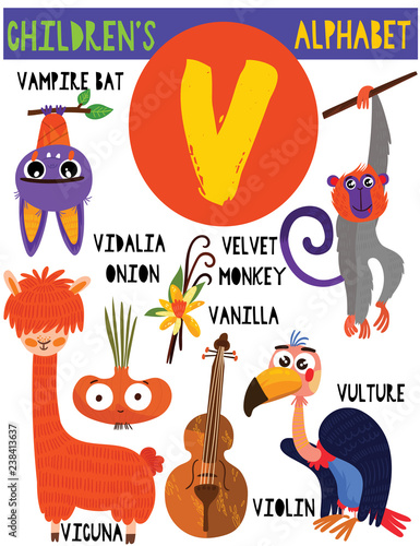 Letter V.Cute children's alphabet with adorable animals and other things.Poster for kids learning English vocabulary.Cartoon vector illustration.