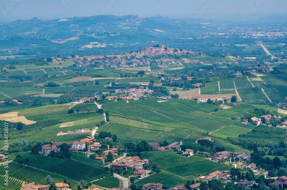 La Morra, province of Cuneo, Piedmont, Italy. July 15, 2018. In the Langhe territory, La Morra is a village on top of a hill that gives an enchanting lookout over the typical vineyards of the area.