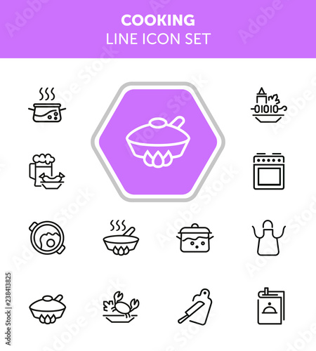 Cooking line icon set. Set of line icons on white background. Kitchenware concept. Knife, frying pan, stewing.  Vector illustration can be used for topics like cooking, food, kitchen