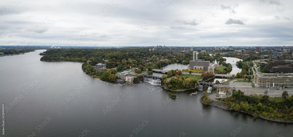 Aerial panoramic view of a beautiful waterfall in Stanley Park. Taken in Ottawa, Ontario, Canada.