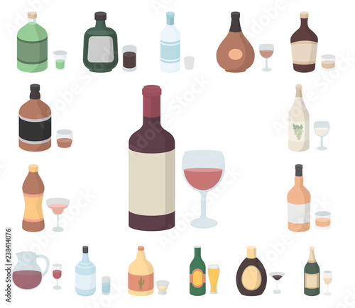 Types of alcohol cartoon icons in set collection for design. Alcohol in bottles vector symbol stock web illustration.