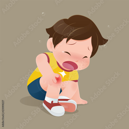 The boy in yellow shirt suffering from pain in knee, illustration of child have accident slipping on the floor, Sad kid having bruises on his knee