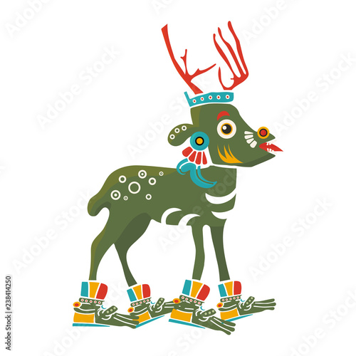 Aztec Codex Borbonicus art imitation vector illustration. Tribal native mexican american Aztec Deer isolated. Could be also used as Christmas Deer or Reindeer.