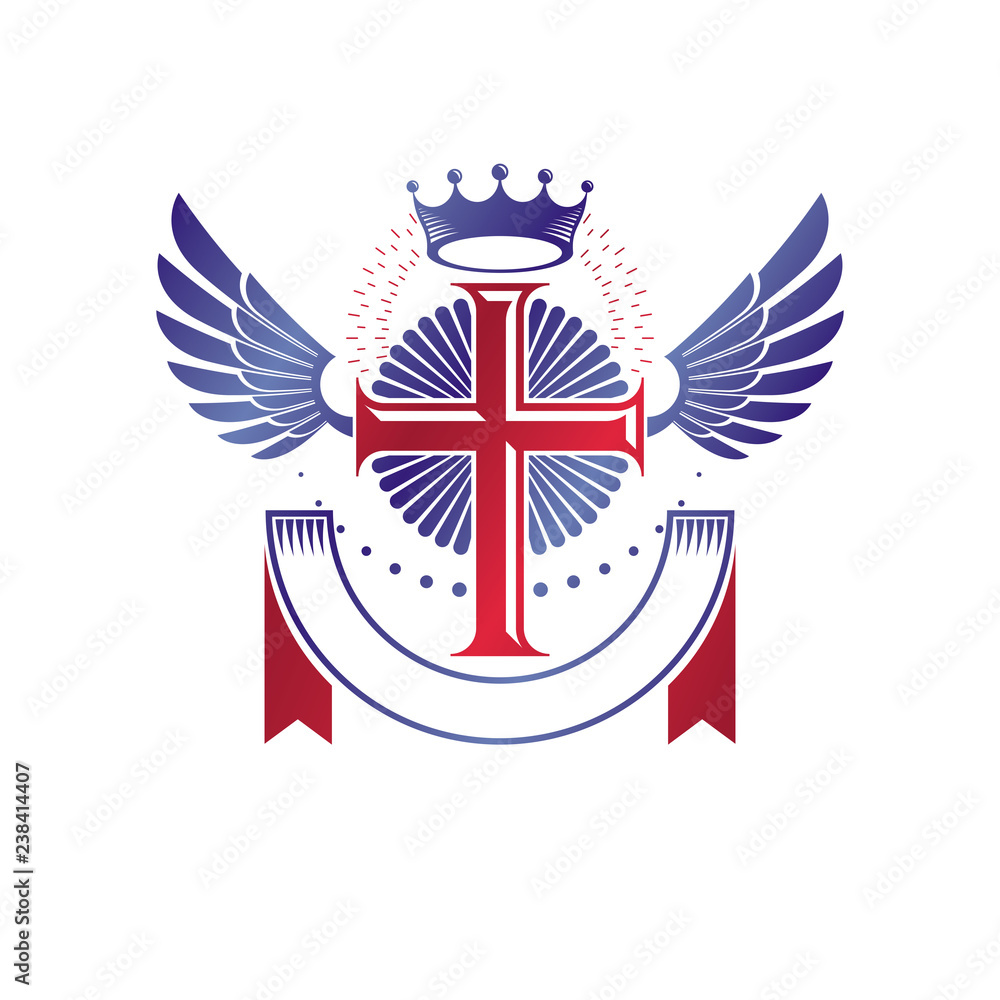 Obraz premium Winged Christian Cross emblem composed with royal crown and luxury ribbon. Heraldic Coat of Arms decorative logo isolated vector illustration. Religion and spirituality theme symbol.