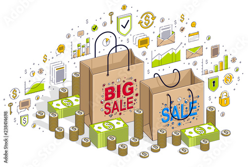 Sellout concept, Retail, Big Sale, Shopping Bag with cash money stacks and coin piles isolated on white. Isometric 3d vector finance illustration with icons, stats charts and design elements.