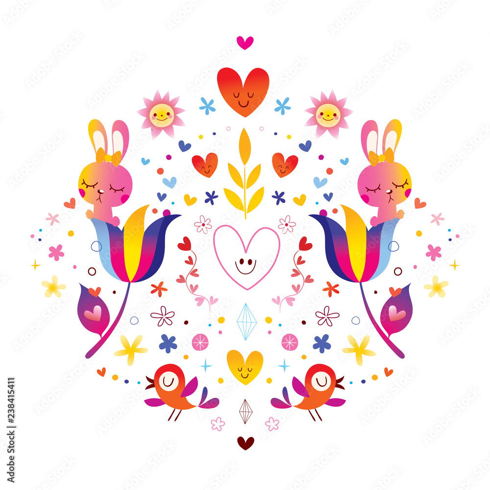 flowers bunnies hearts and birds illustration