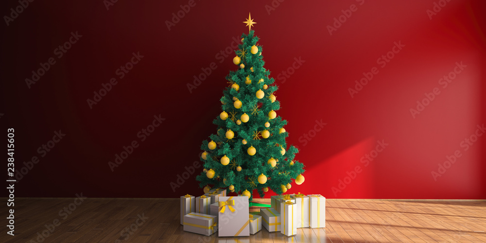 Christmas interior template composition with New Year's Eat, Gift boxes and holiday decorations. Cozy room with wood floor. 3D render illustrations