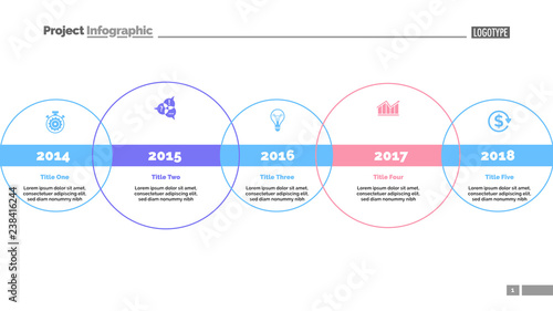 Five circle timeline and size diagram. Chart, slide, template. Creative concept for infographics, presentation, project, report. Can be used for topics like business, strategy, development