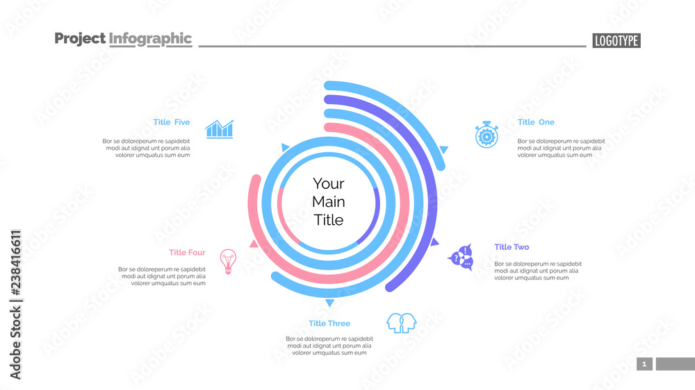 Five options doughnut chart slide template. Business data. Arc ...