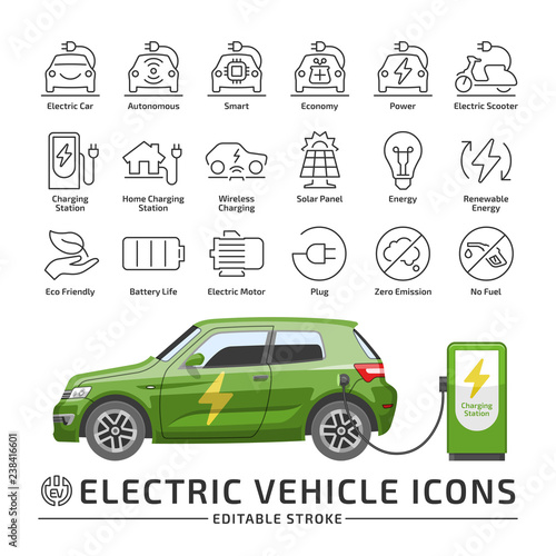 Electro vehicle editable stroke line icon set with electric eco car hatchback vector green mockup with charge station.